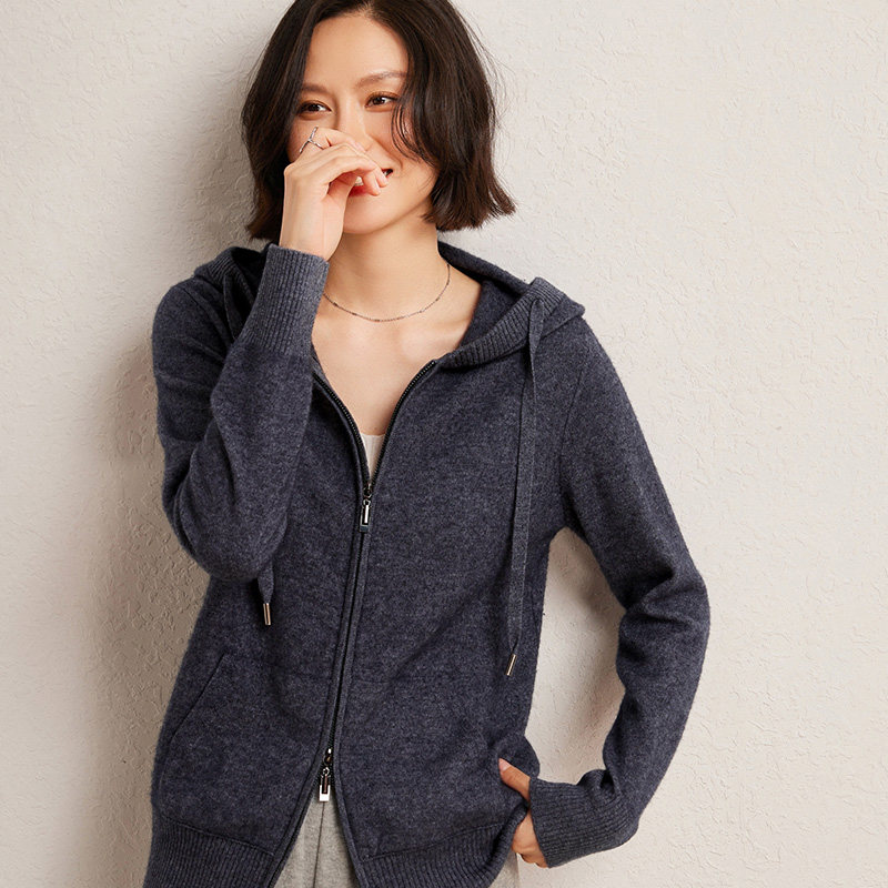 2024新款连帽100纯山羊绒开衫女双拉链针织卫衣外套带兜时尚帽衫