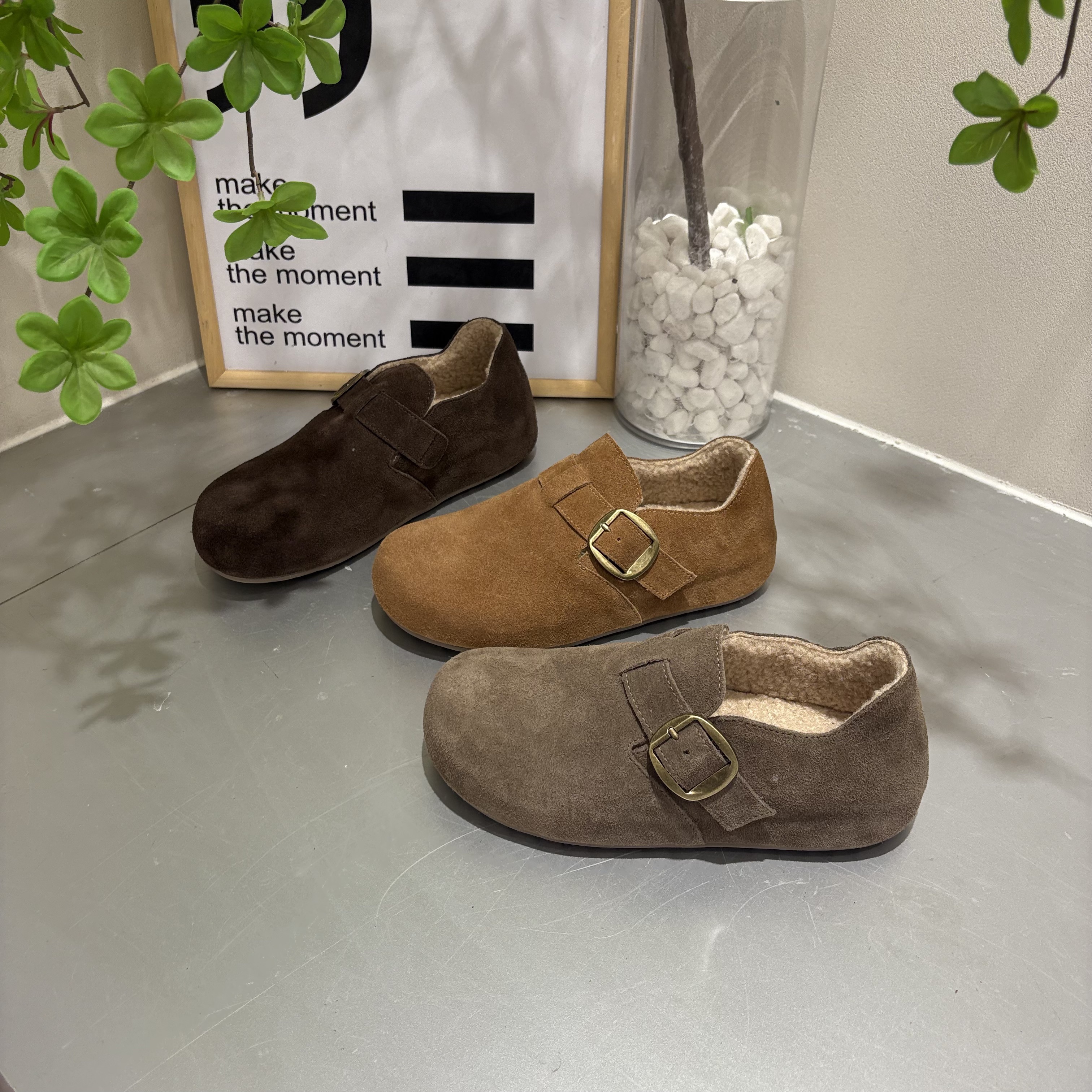 米新款2025冬上新加绒勃肯鞋平底磨砂皮穆勒女鞋羊羔毛休闲鞋街拍