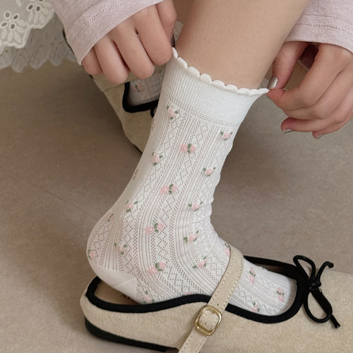 小碎花韩版中筒袜日系镂空堆堆袜