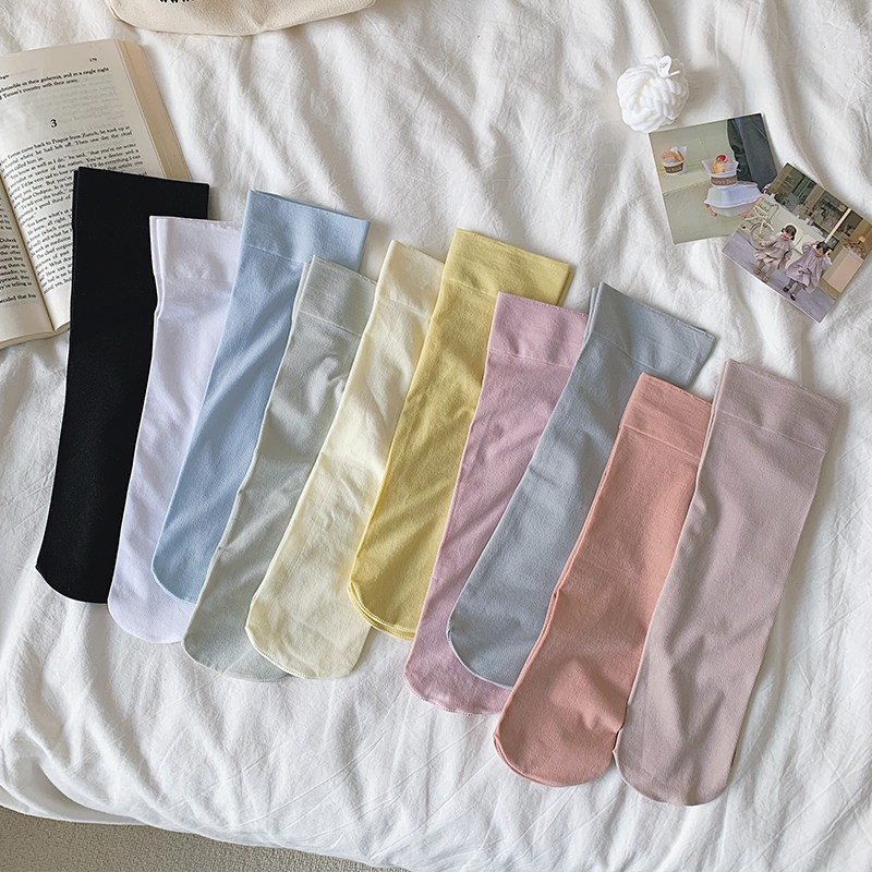 春夏季薄款糖果色袜子女百搭中筒袜轻薄透气黑色白色月子袜堆堆袜