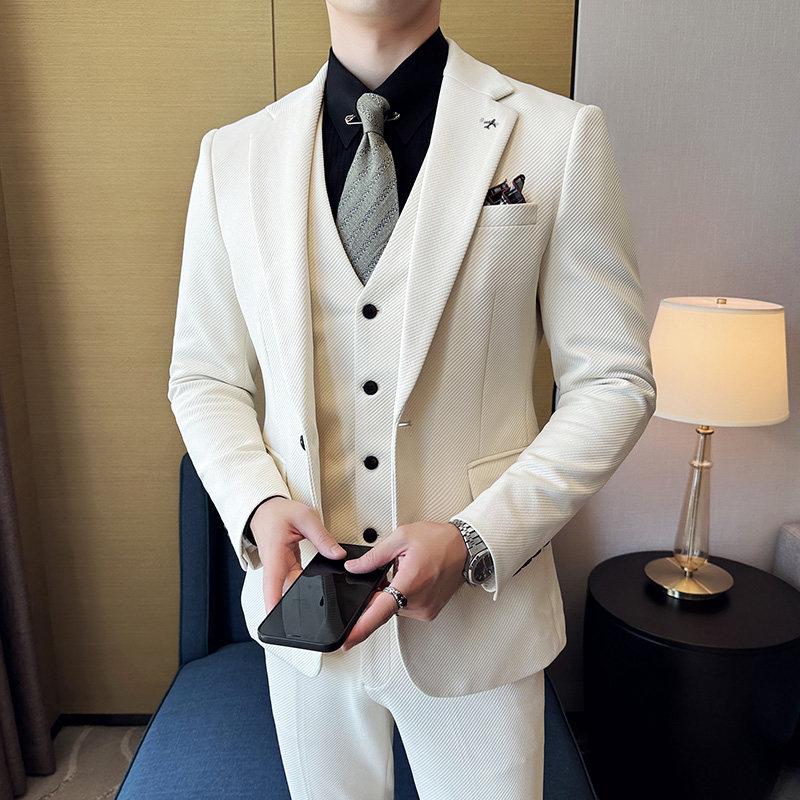 简约斜纹针织西服套装男三件套韩版修身西装商务正装伴郎新郎套装
