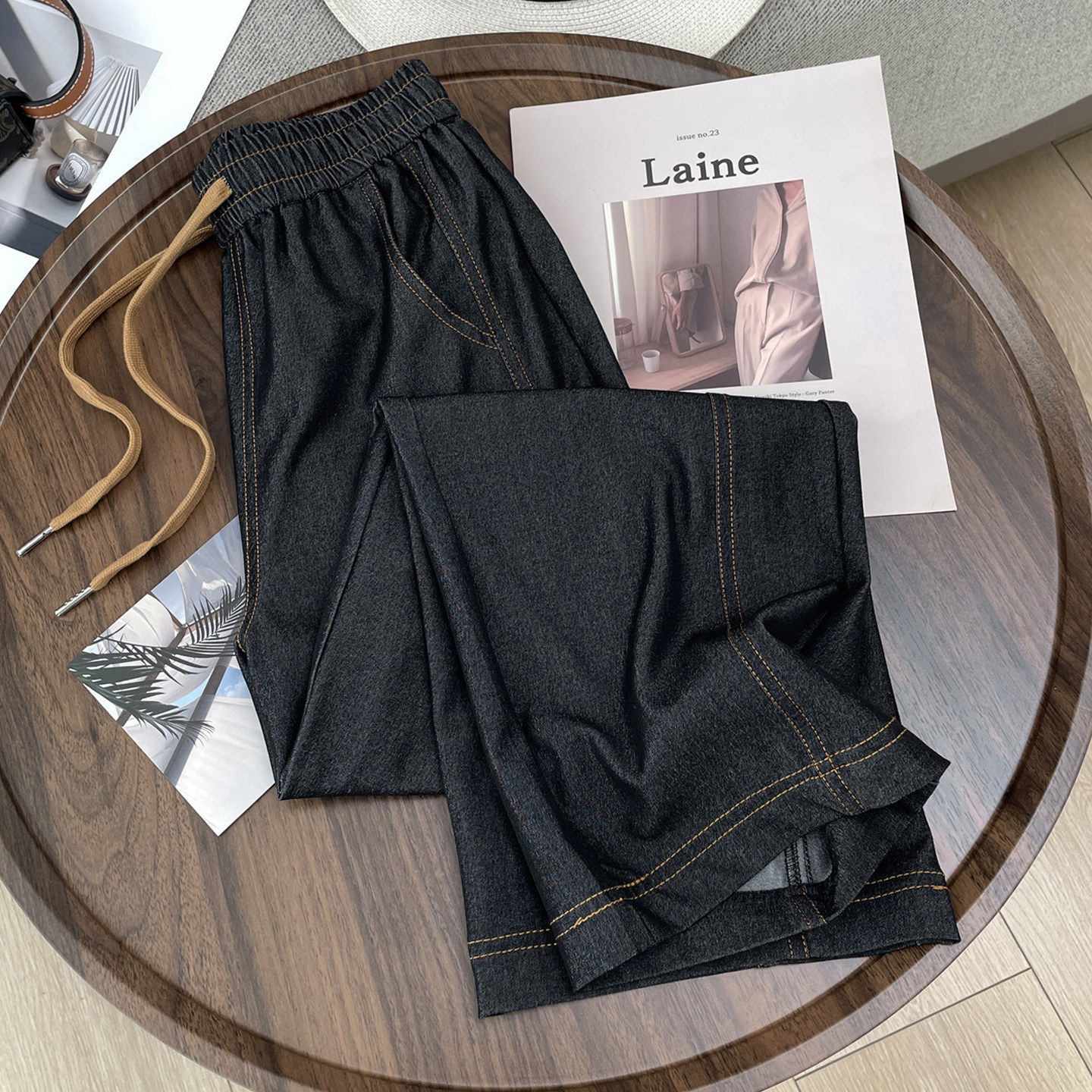 天丝牛仔阔腿裤运动护腰女夏季薄款冰丝裤子女宽松垂感窄版直筒裤