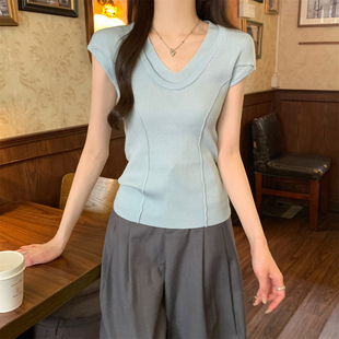 短袖 夏季 设计莱赛尔针织衫 韩版 女 气质双层u领鱼骨落肩袖