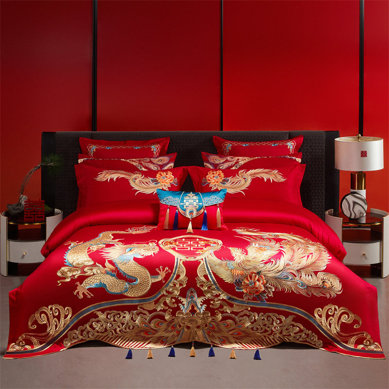 140s支婚庆四件套大红刺绣龙凤长绒棉结婚房喜庆被套全棉床上用品