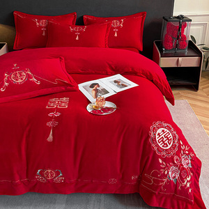 冬季大红色牛奶绒加厚四件套保暖珊瑚绒结婚被套新婚床单婚庆床品