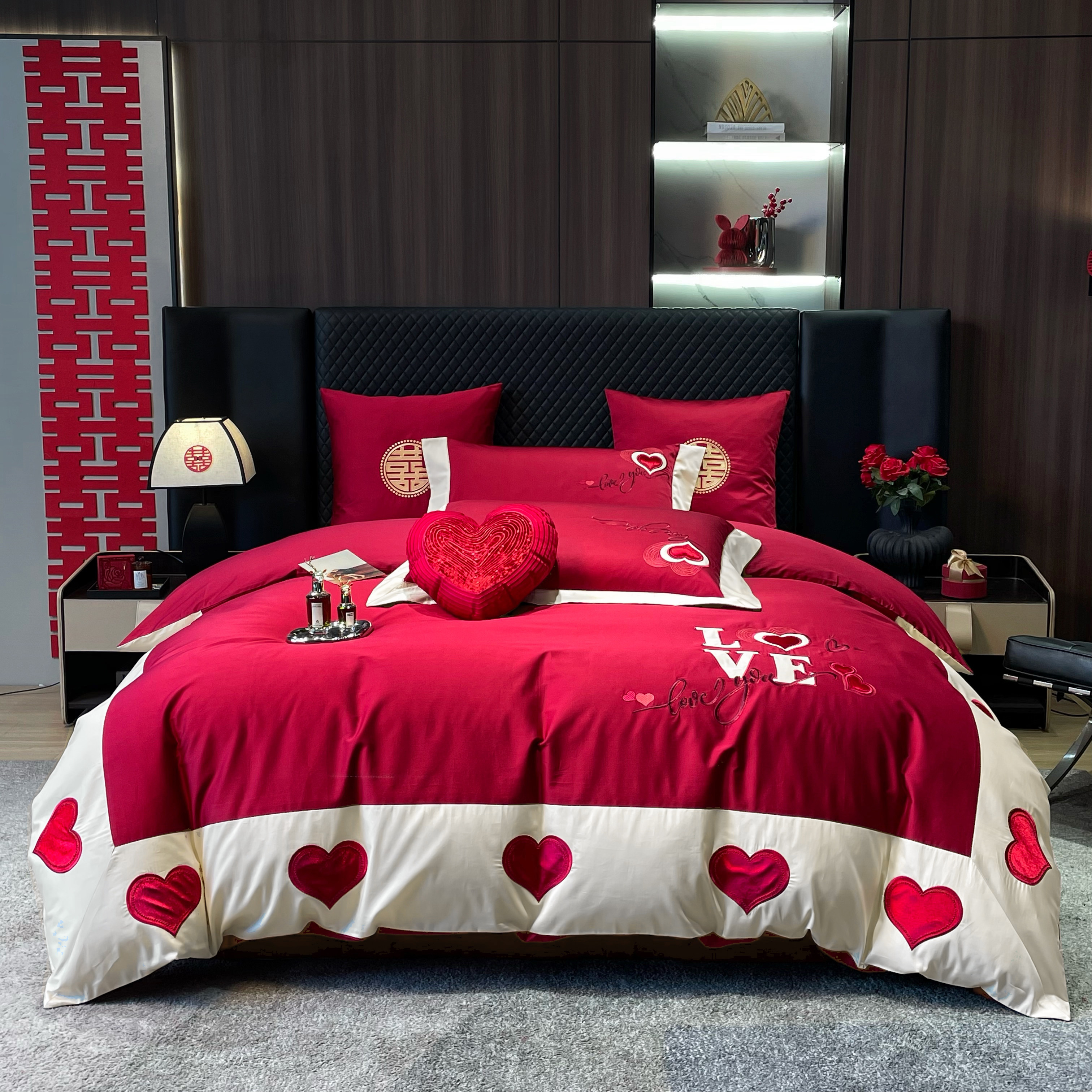 高级感中式婚庆四件套全棉红色爱心刺绣新结婚房陪嫁送礼床上用品
