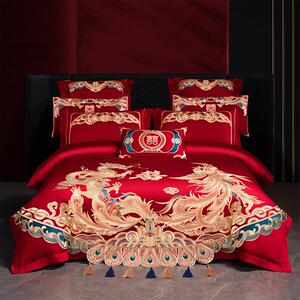 140支婚庆四件套大红全棉长绒棉刺绣龙凤新婚房高档精品结婚床品