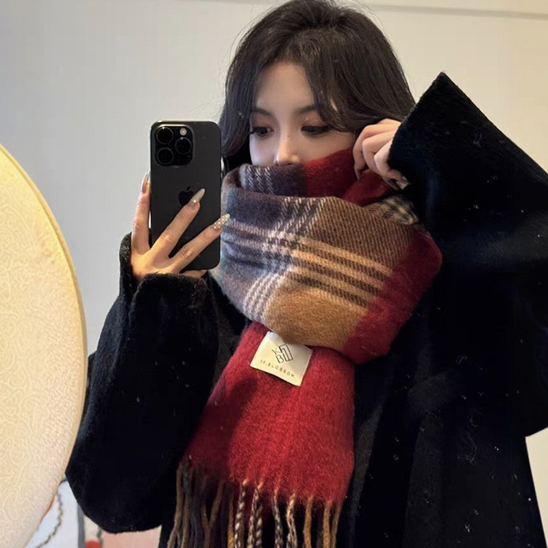 复古红色格子围巾女秋冬季韩版百搭流苏披肩拼色加厚防寒保暖围脖