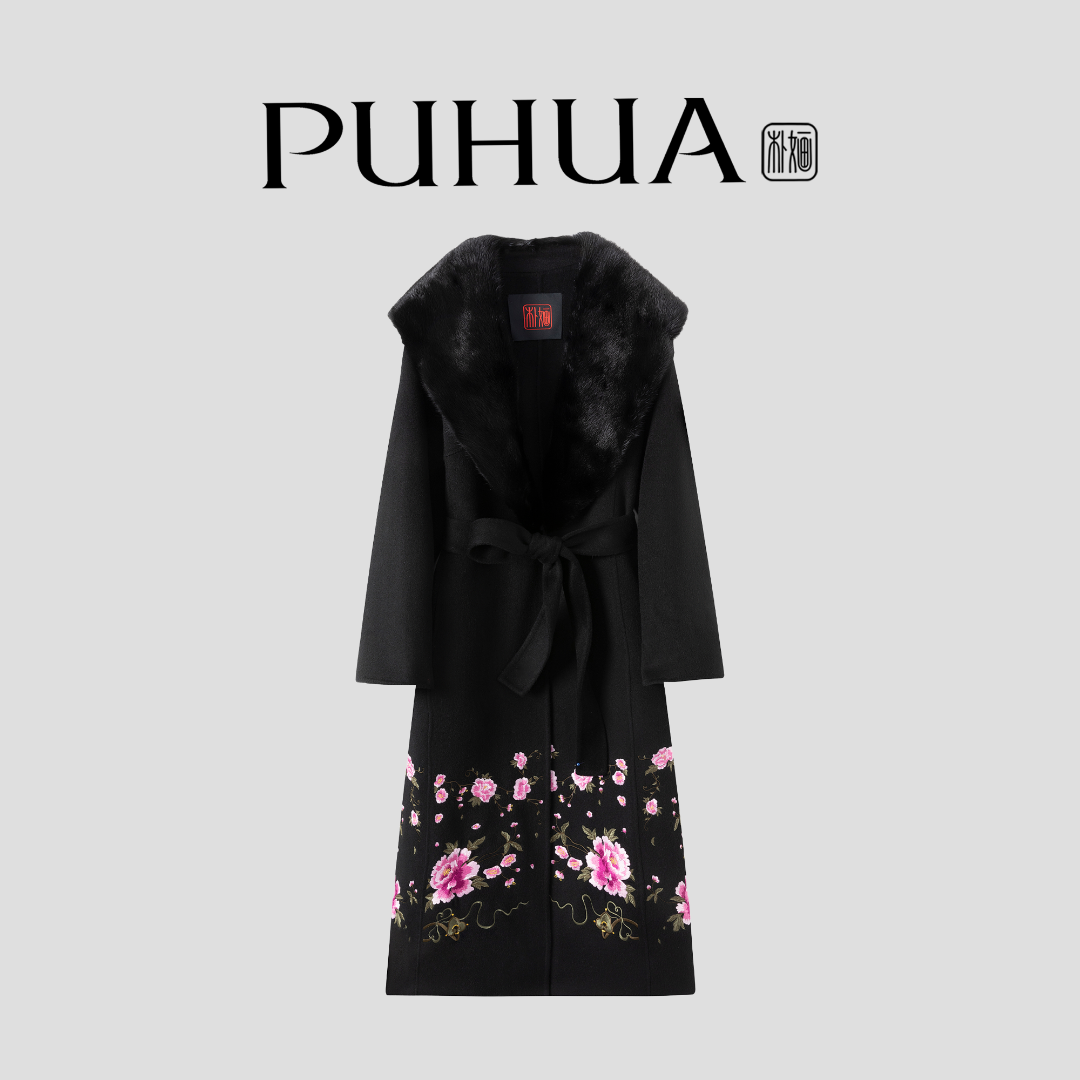【PUHUA-朴婳】2025秋冬季新款重工水貂牡丹花刺绣双面羊毛大衣 5