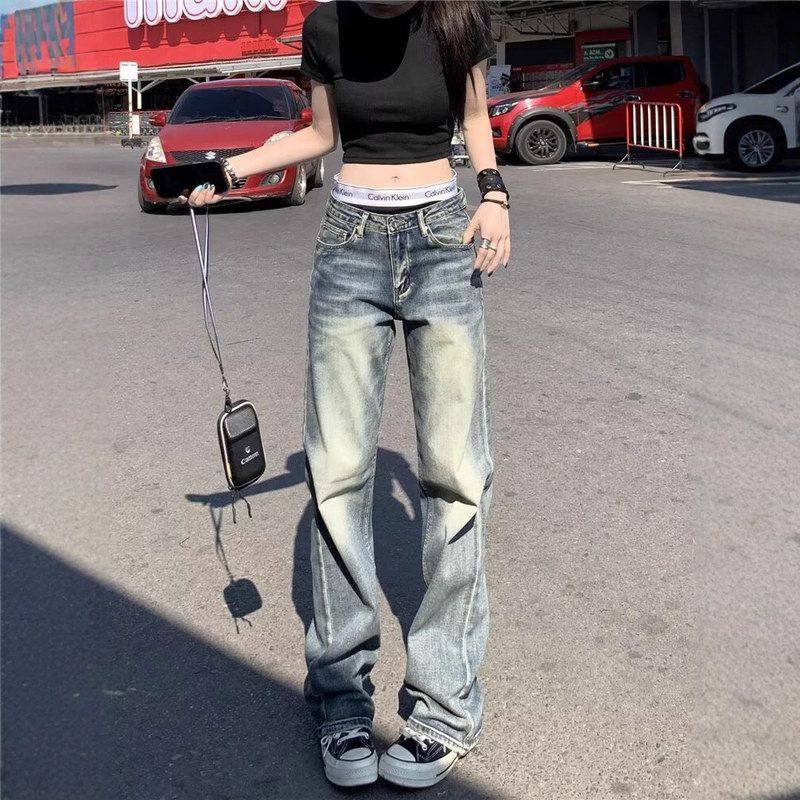 高街版牛仔裤修身新款阔腿裤子女窄美式夏季宽松直筒百搭2025显瘦