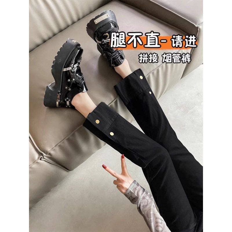 裤潮九分牛仔裤显瘦女烟管新款直筒小个子卷边2024年高腰黑色春季