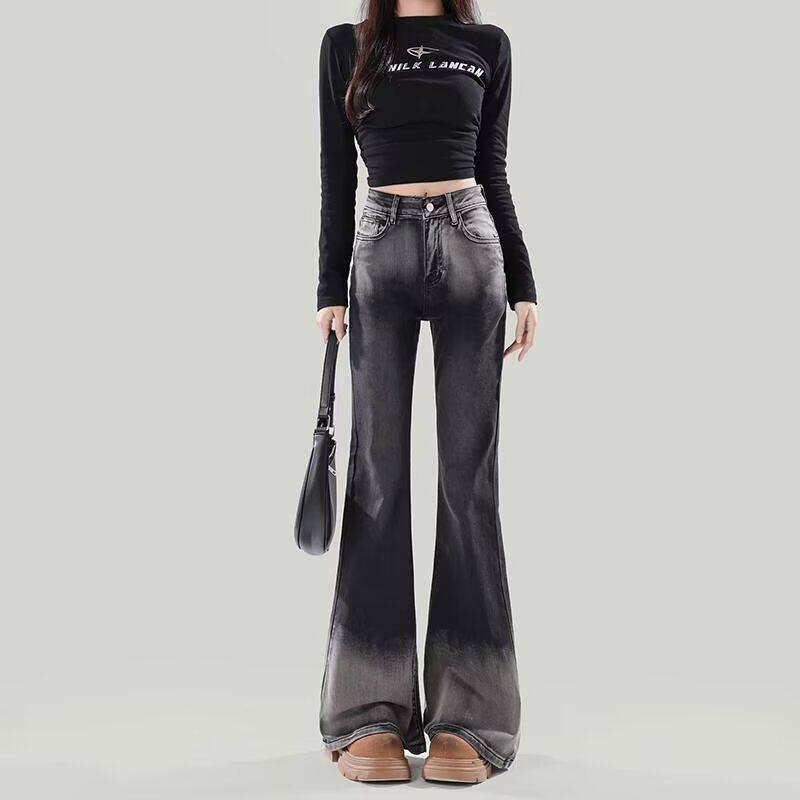 牛仔裤梨形毛边女大码喇叭裤身材微喇弹力渐变胖灰色黑mm显瘦高腰