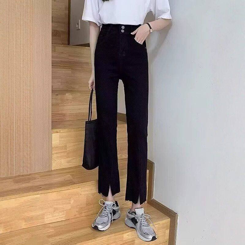 直筒裤女九分牛仔裤新款开叉小个子2025修身夏季薄款高腰烟管裤子