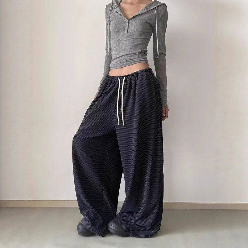 糯米感灰色新款女慵懒裤风宽松条纹阔腿裤潮裤子松弛春秋溜溜休闲