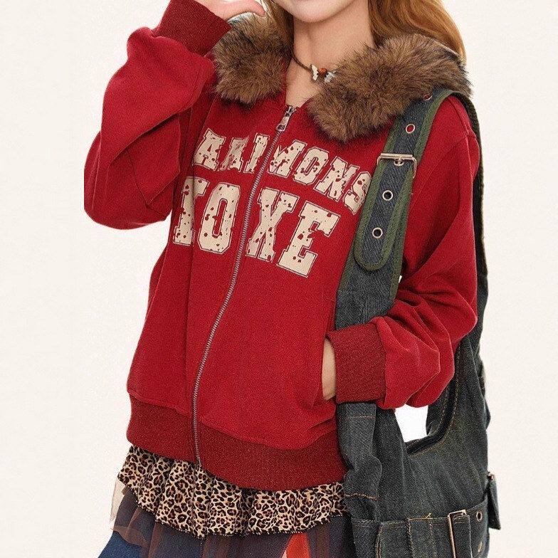 女短款休闲美式设计感开衫百搭复古外套新款字母秋季卫衣印花毛领