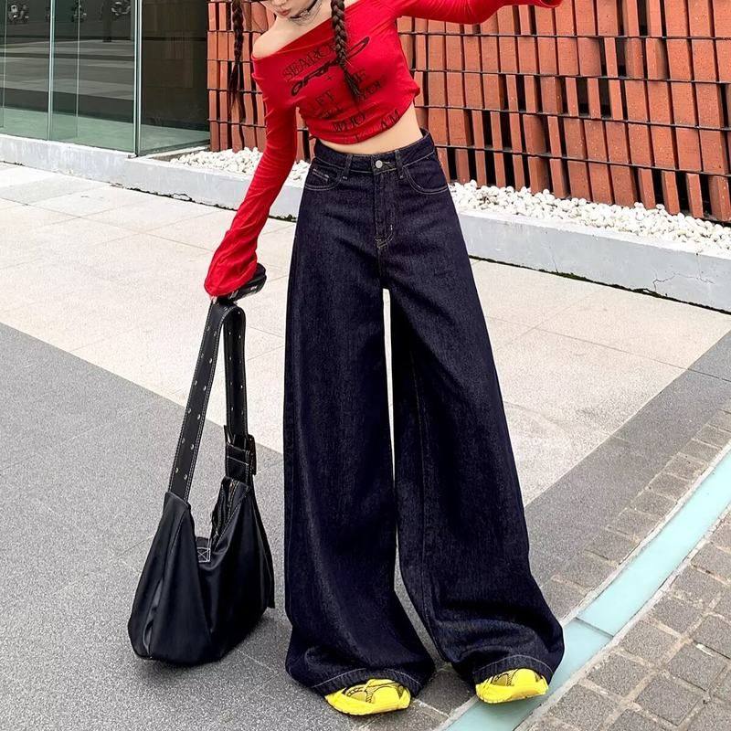 女直筒大码裤女潮阔腿牛仔裤高腰垂感蓝丹宁宽松秋季新款拖地2025