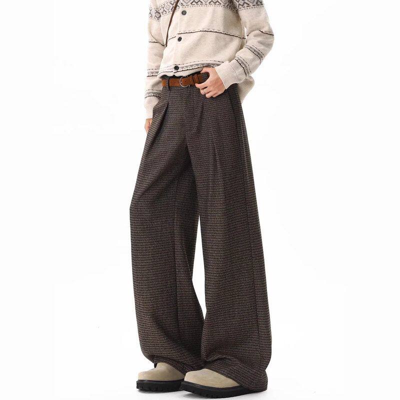 男女千鸟格跨境休闲裤长裤垂感西裤通勤老钱风2026宽松直筒新款潮