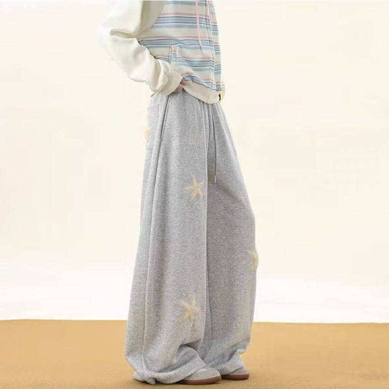 显瘦风休闲长阔腿星星慵懒宽松卫裤刺绣灰色美式男女裤子复古秋冬
