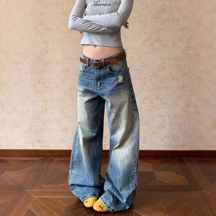 男女纹c弯刀le竹节新款 子anfit长牛仔裤 宽松阔腿 baggy裤 显瘦美式