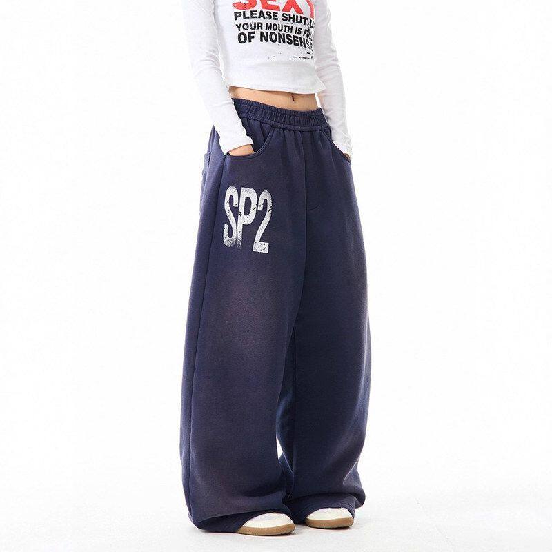 baggy街头美式男复古休闲裤松紧阔腿女款腰运动字母卫裤印花宽松
