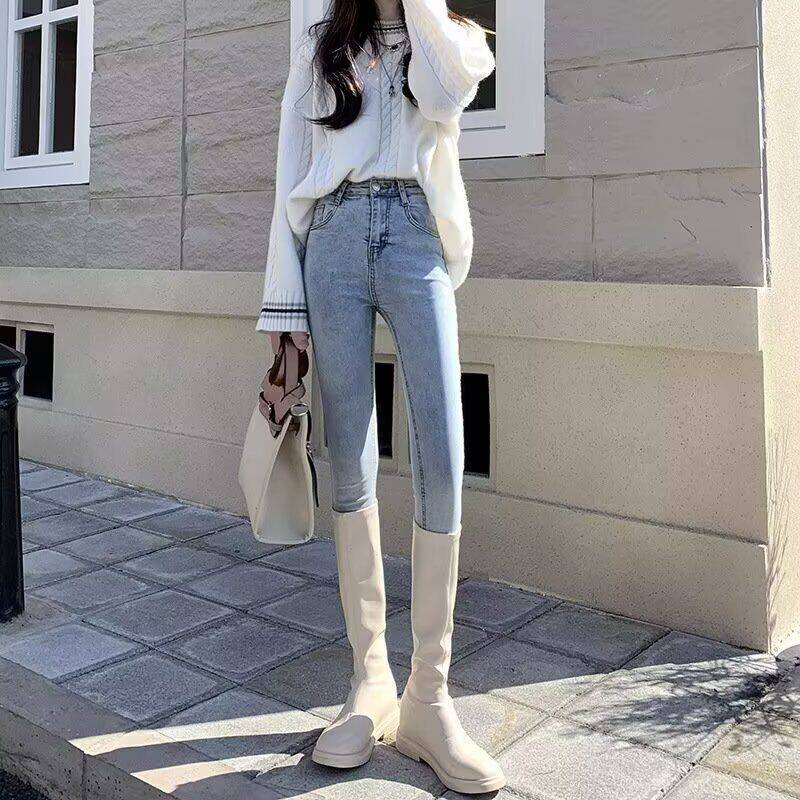 直筒高腰秋冬显瘦九分浅色牛仔裤时尚子弹力裤小脚裤烟管外贸修身