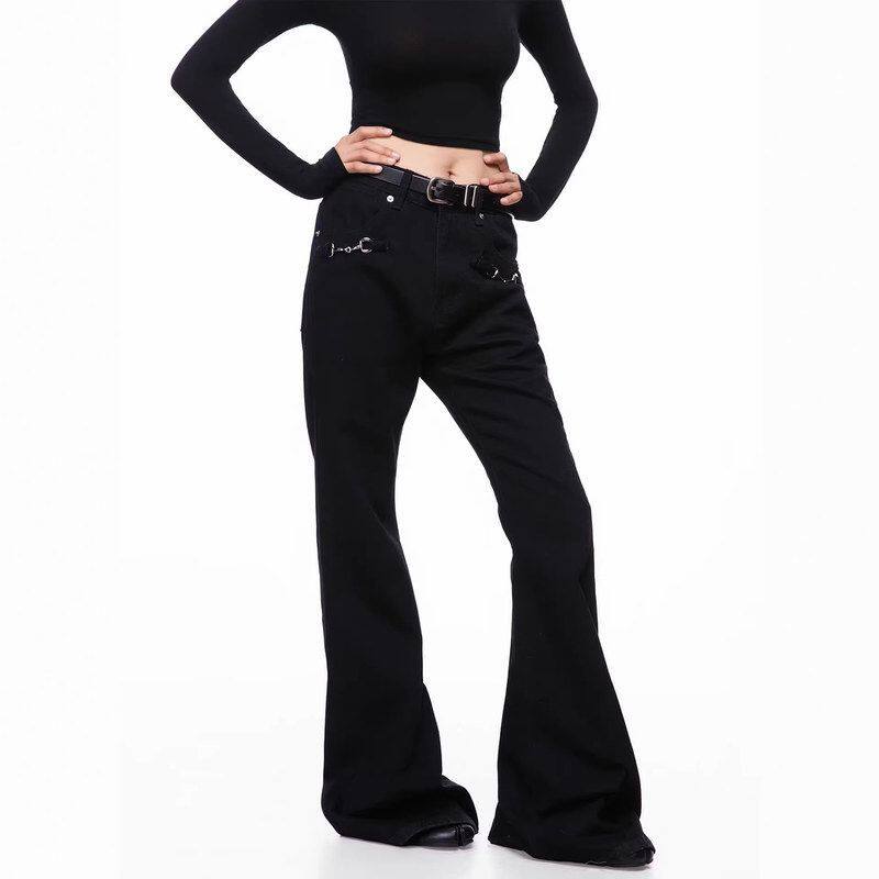 百搭辣妹低腰修身黑色显瘦直筒女美式早秋牛仔裤复古喇叭裤子微喇