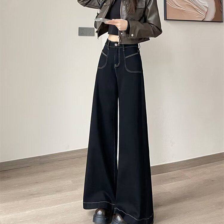 加绒年秋冬女显瘦宽松微喇黑色子阔腿牛仔裤高腰直筒裤2025设计感