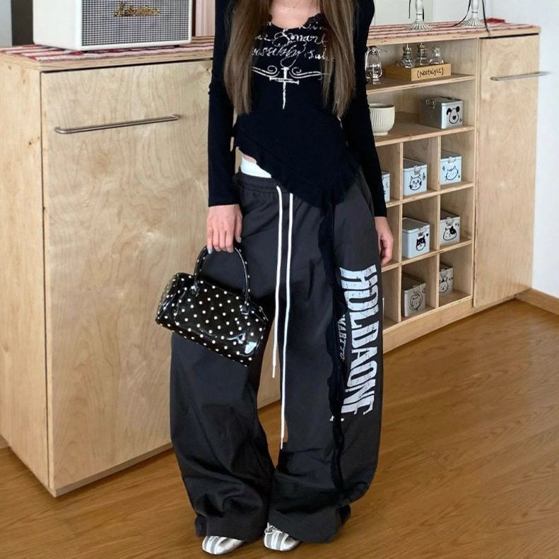 印花高腰hiphop美式复古宽松抽绳