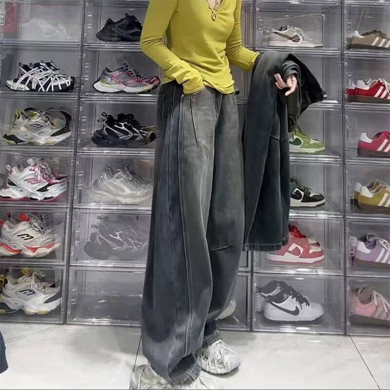 直筒梨形高腰裤子复古宽松女胖弯刀mm春季显瘦身材牛仔裤大码阔腿