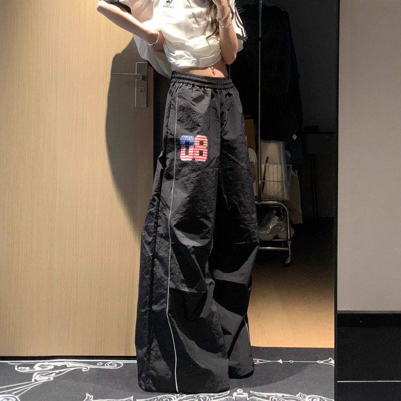 阔腿百搭腰长裤拖地反光街头美式