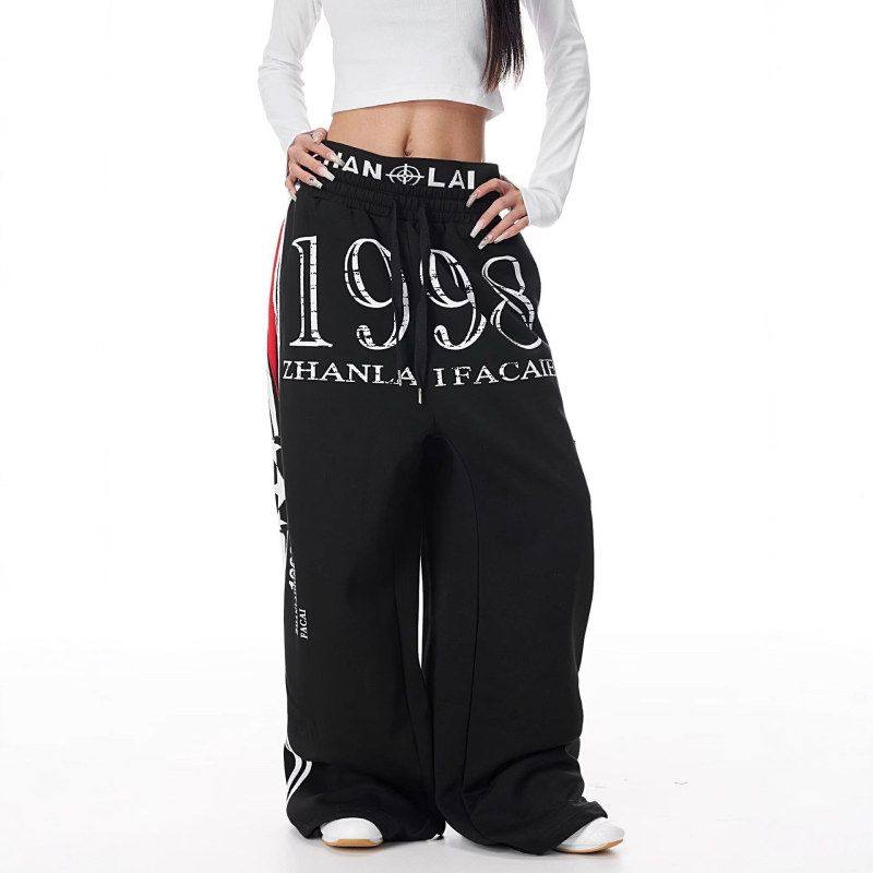 撞色个性阔腿裤街头风2025复古高街长女款休闲中性裤子男抽绳美式