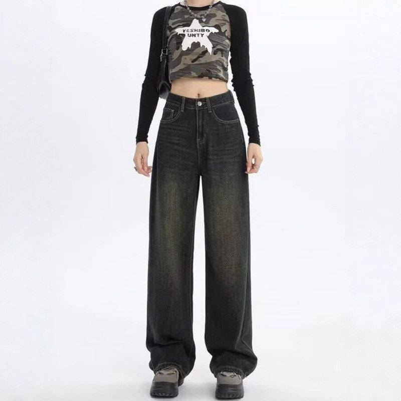 裤子阔腿做旧版窄女士小个子牛仔裤复古宽松蓝色高腰春秋直筒裤长