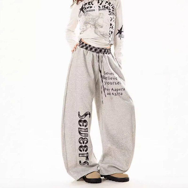复古街头宽松运动潮牌休闲裤格纹刺绣男阔腿秋季腰头美式卫裤字母