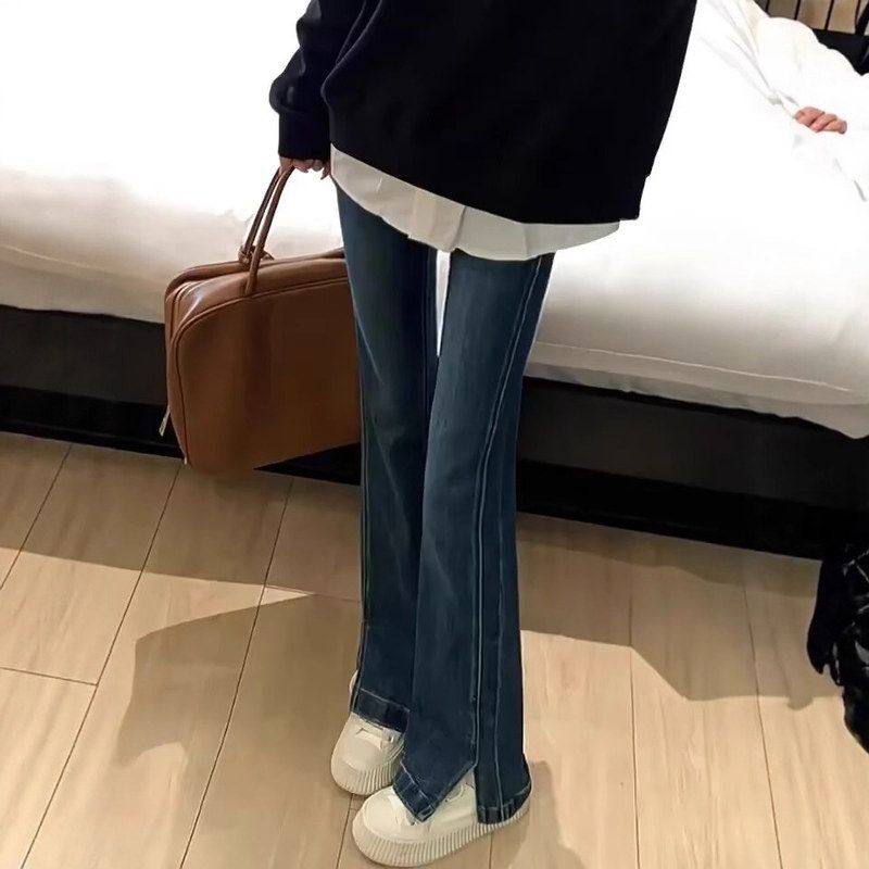 蓝色大码裤子胖女装开叉阔腿显瘦梨形高腰长弹力MM直筒牛仔裤微喇