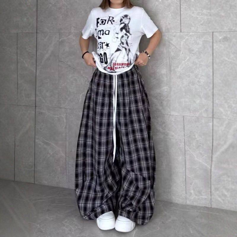 男女风双复古美式阔腿裤格子慵懒拼接hiphop长裤宽松腰头爵士舞裤