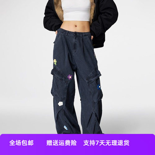 新款直筒刺绣春秋季女工装裤