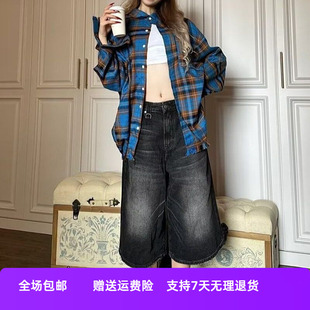 低腰夏季复古宽松五分裤中裤黑色美式女直筒工装牛仔七分裤短裤潮