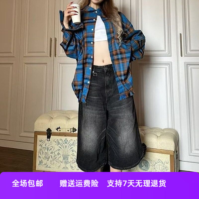 低腰夏季复古宽松五分裤中裤黑色