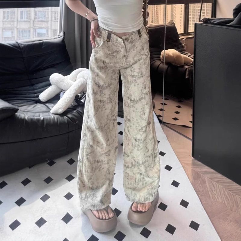 拖地裤子新款扎染垂感高腰美式