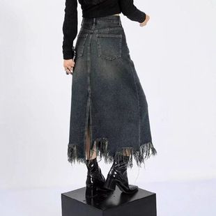 中长款 高腰字小众包臀春夏垂坠感女半身裙牛仔裙开叉流苏宽松子a