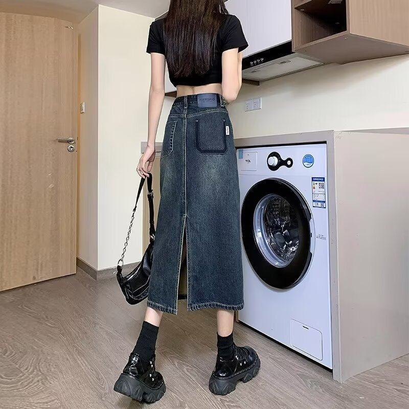 新款灰女高腰撞色2024开叉半身裙