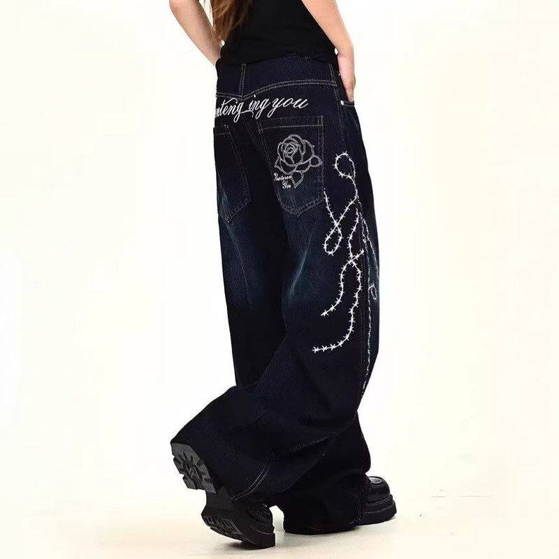 新款女2026春秋拖地弯刀刺绣牛仔裤玫瑰外贸宽松男女阔腿裤黑色bf
