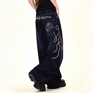 新款女2026春秋拖地弯刀刺绣牛仔裤玫瑰外贸宽松男女阔腿裤黑色bf
