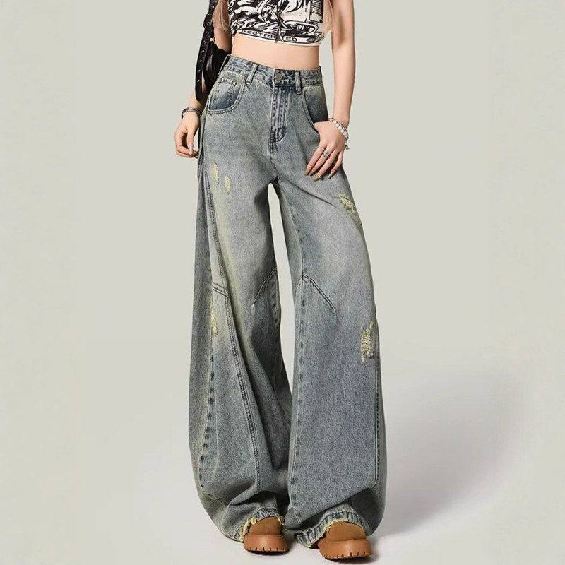 牛仔裤2025设计感高腰弯刀秋季拖地新款破洞阔腿高街显瘦女宽松裤,女装/女士精品,牛仔裤,淘宝优惠券,粉丝福利购,淘宝优惠卷
