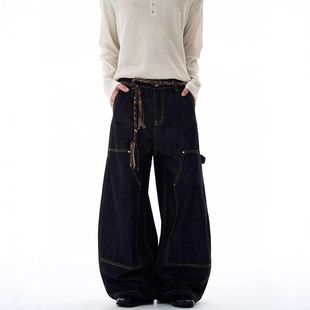 伐木 裤 复古显瘦跨境原色baggy贴布黑重磅美式 男女潮弯刀原牛工装