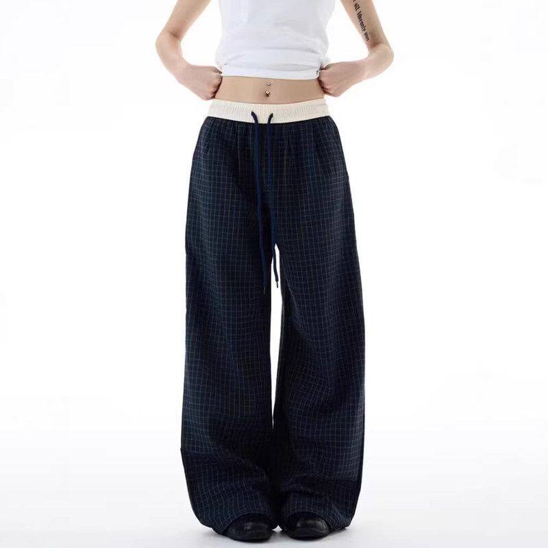 阔腿跨境潮复古秋冬美式慵懒子宽松运动裤垂感格子松弛感女休闲裤