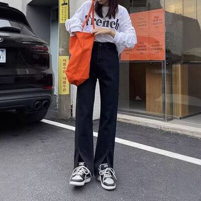 拖地喇叭女高腰开叉裤显瘦直筒