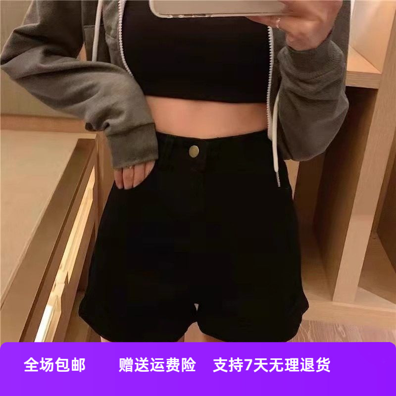 字2025热裤新款女夏季潮外穿年显瘦高腰阔腿牛仔短裤黑色insa宽松