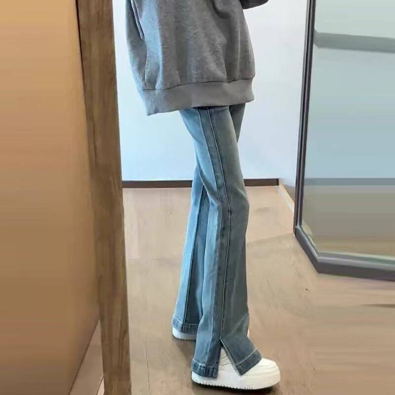 直筒裤浅蓝色显瘦开叉时尚不贴腿长瘦ins女微喇叭牛仔裤百搭高腰