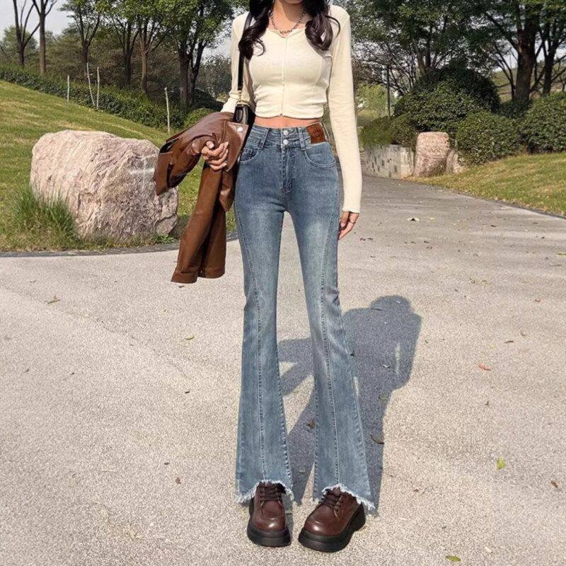 开叉春装女长裤毛边显瘦设计感弹力小个子新款牛仔裤2025微喇高腰